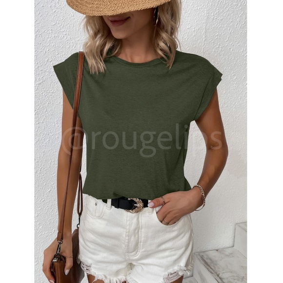 Army Green Crew Neck Muscle Tee Top Shirt Cap Sleeve, Round Neck - Picture 3 of 11
